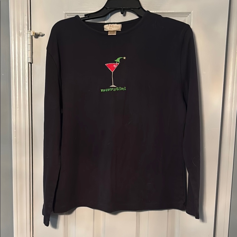 M&C Sportswear Black Tee with Merrytini Christmas Holiday Martini Embroidery